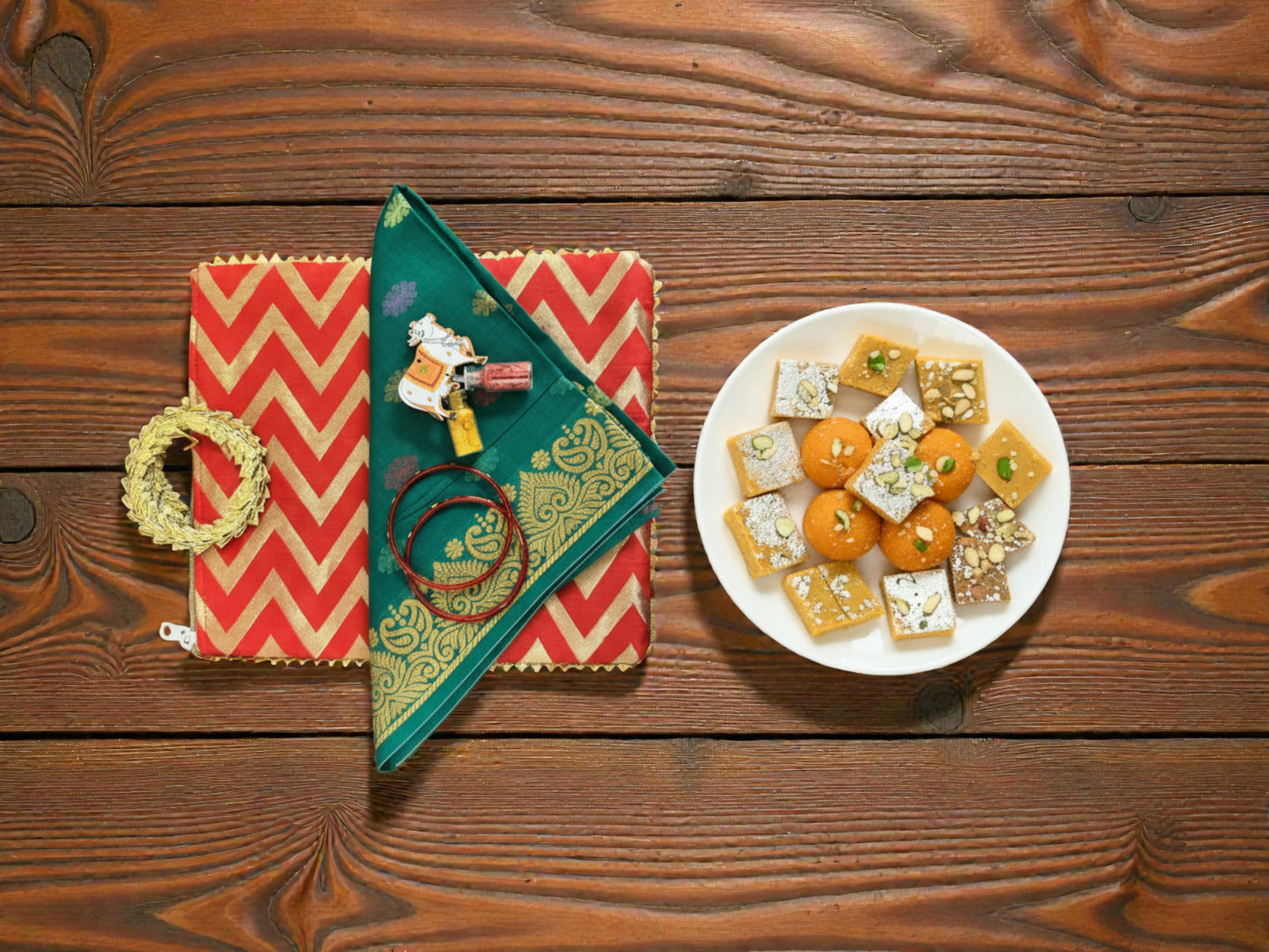 Traditional Ready to Give Combo for Half Saree, Haldi Kumkum ceremony includes Blouse Piece, Bangles, Haldi kumkum packets in Chevron Bag