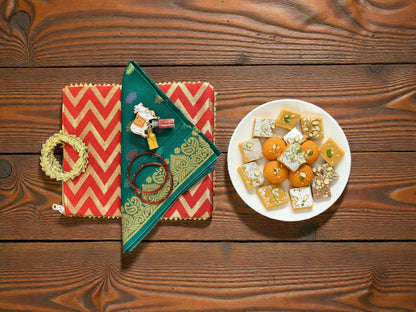 Traditional Ready to Give Combo for Half Saree, Haldi Kumkum ceremony includes Blouse Piece, Bangles, Haldi kumkum packets in Chevron Bag