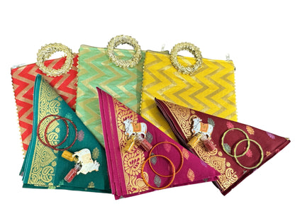 Traditional Ready to Give Combo for Half Saree, Haldi Kumkum ceremony includes Blouse Piece, Bangles, Haldi kumkum packets in Chevron Bag