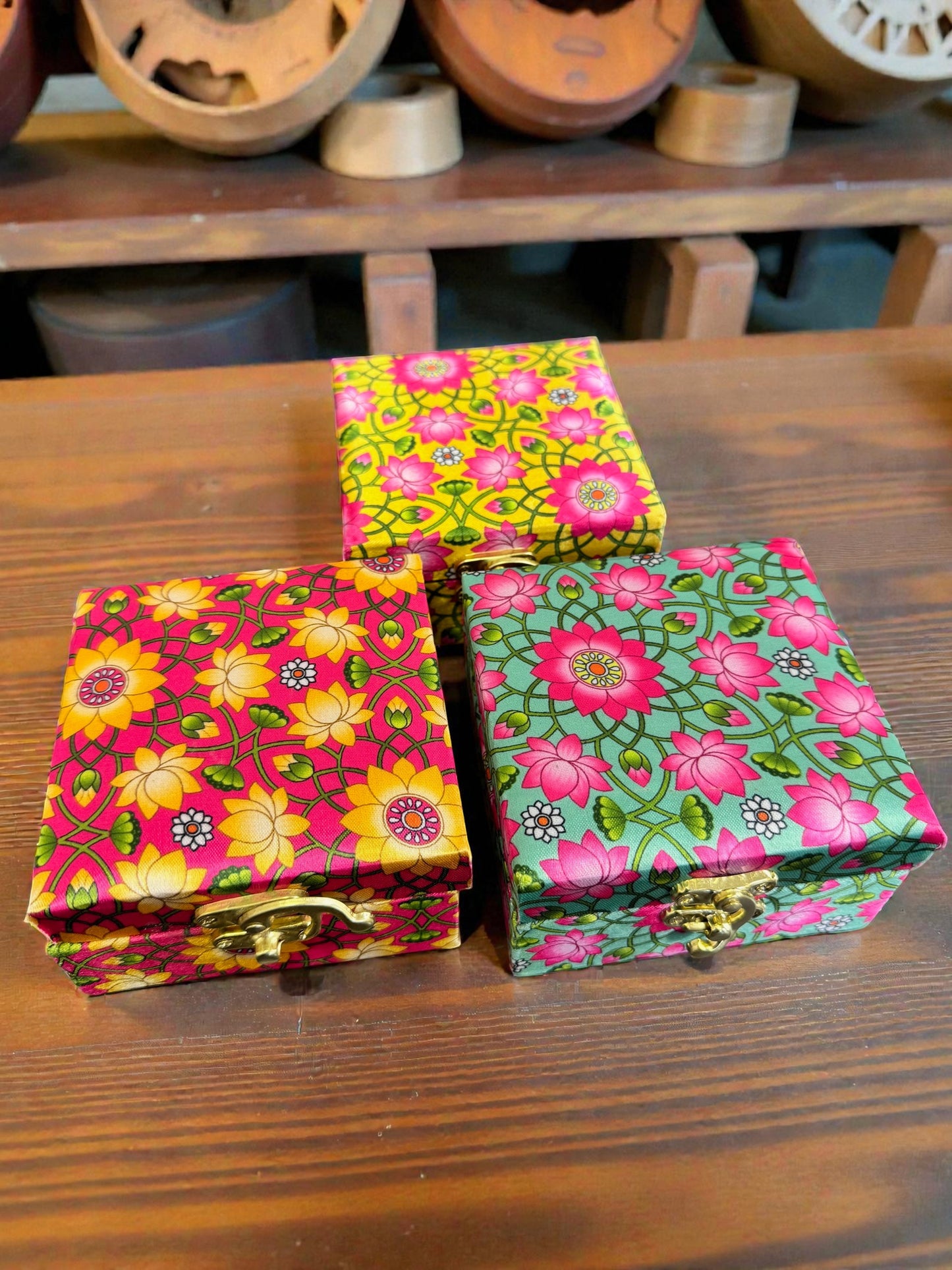 Lotus Print Gift Boxes - Set of 3 - Perfect To Pack Small Gifts Like Diya, Jewelry, Prasad