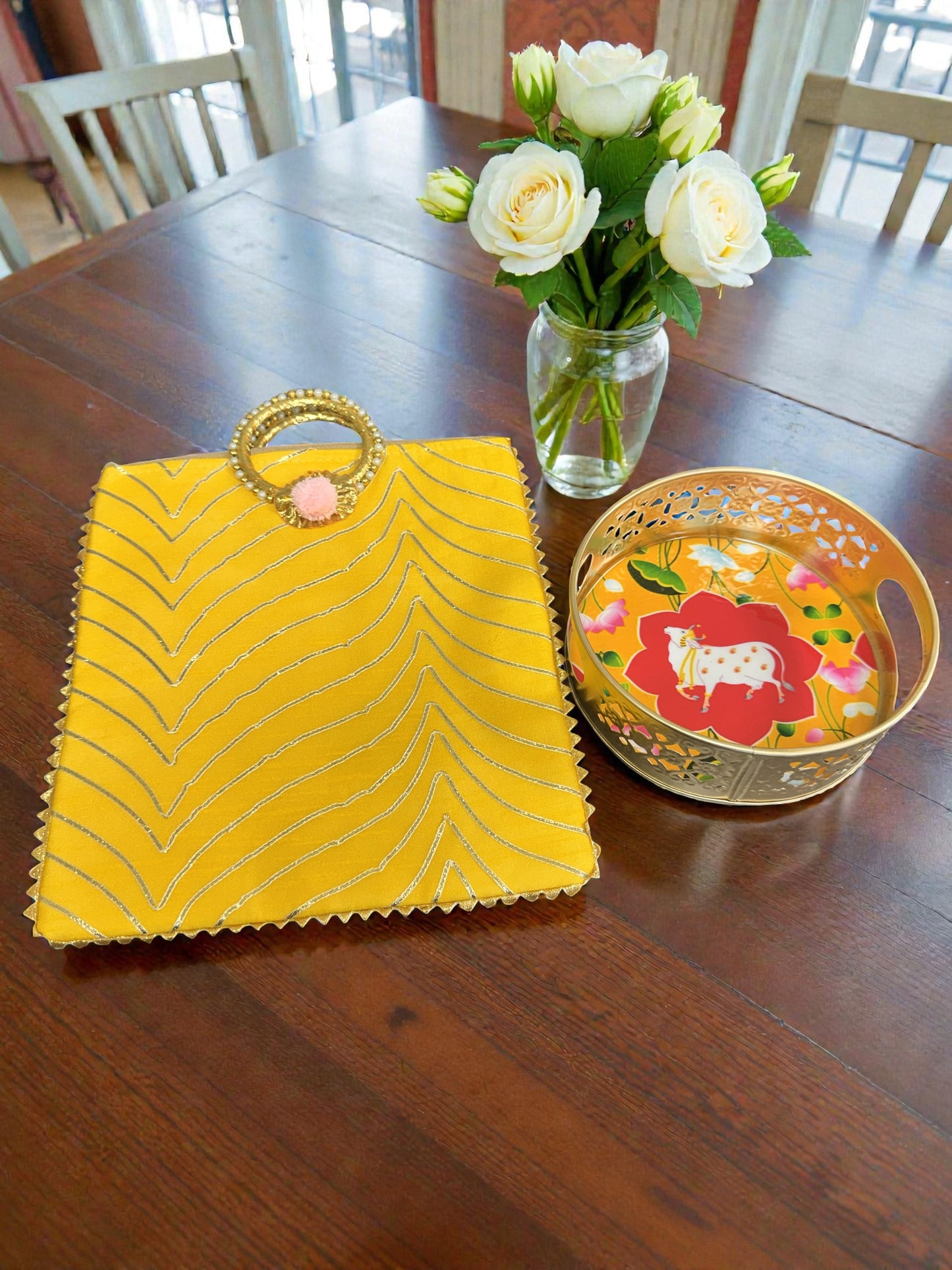 Combo - Designer Floral Print Tray with Gota Bag