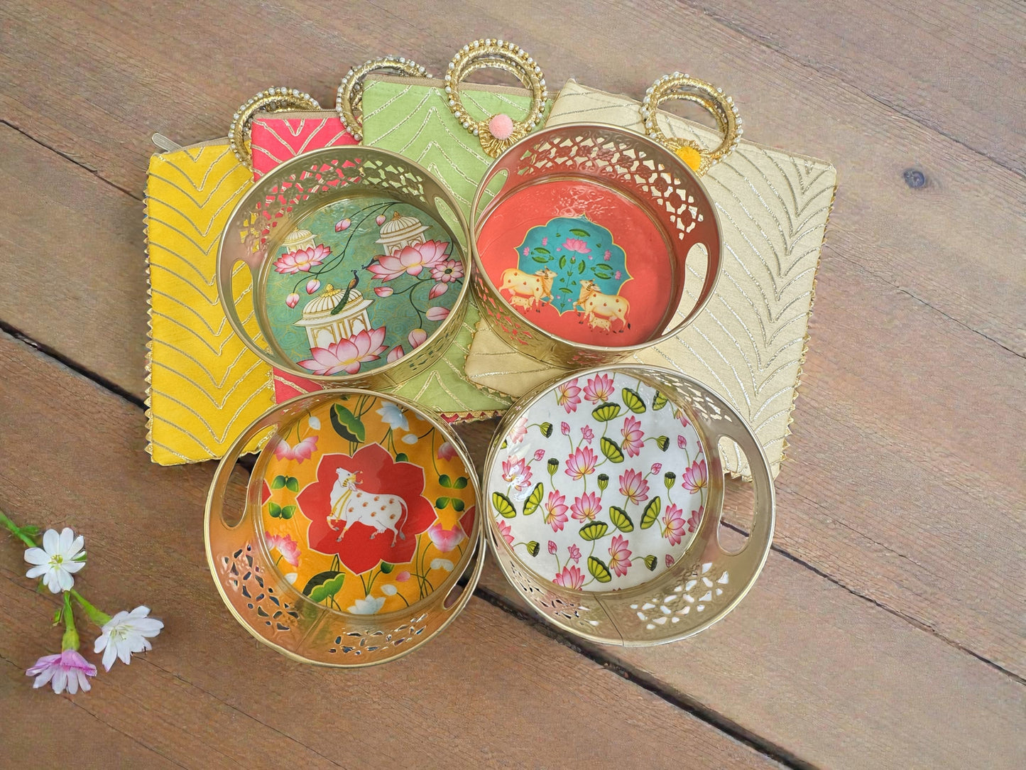 Combo - Designer Floral Print Tray with Gota Bag