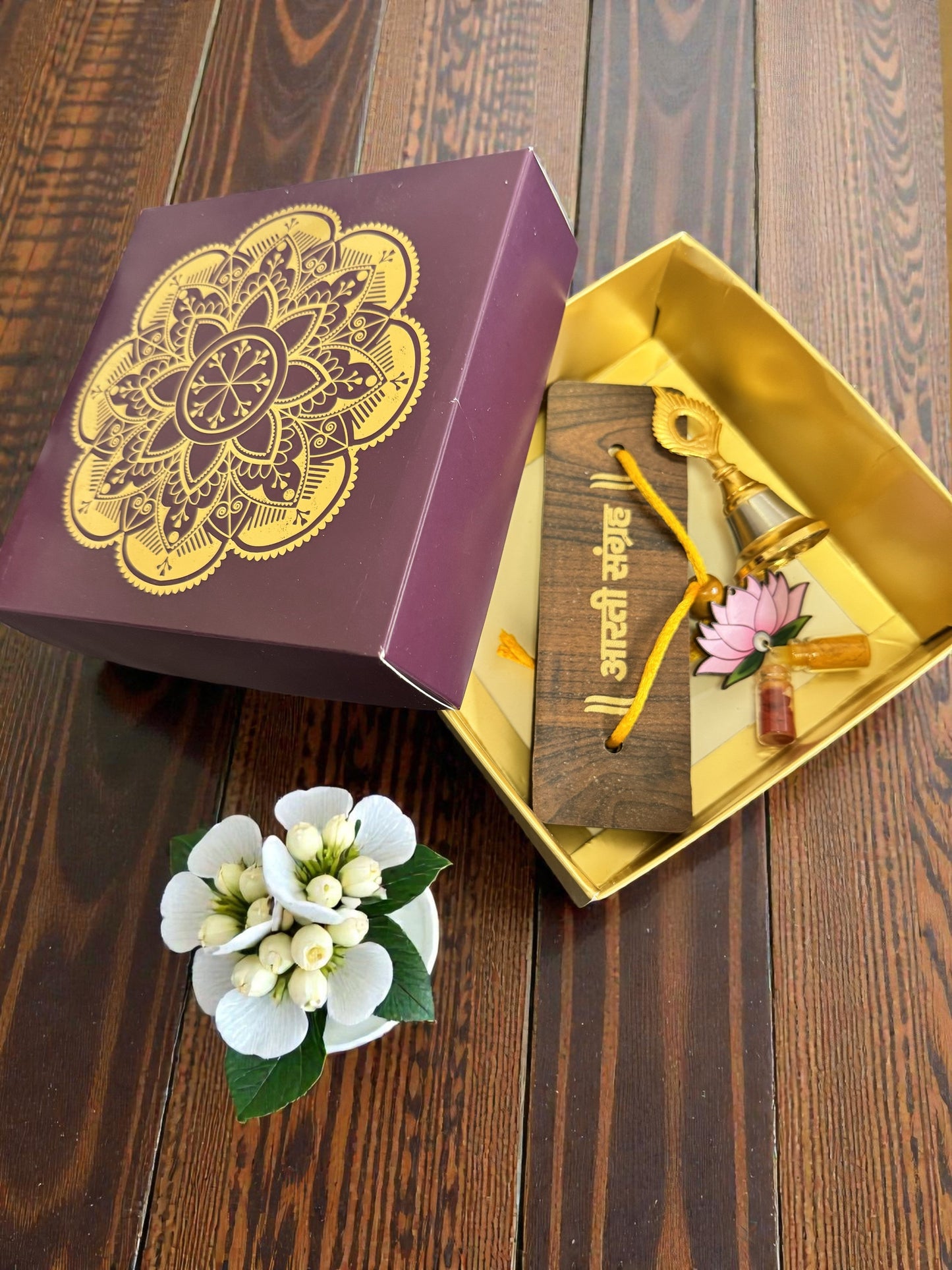Devotional Combo - Arati Sangrah, Bell & Lotus Haldi Kumkum Packet in Gift Box