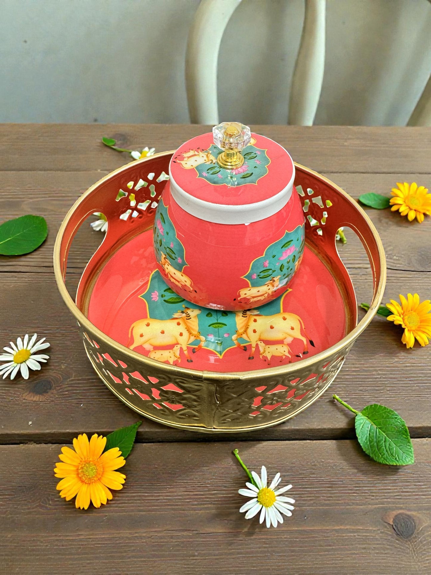 Designer Floral Print Tray Set with Matching Jar