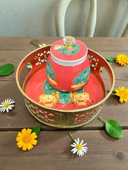 Designer Floral Print Tray Set with Matching Jar