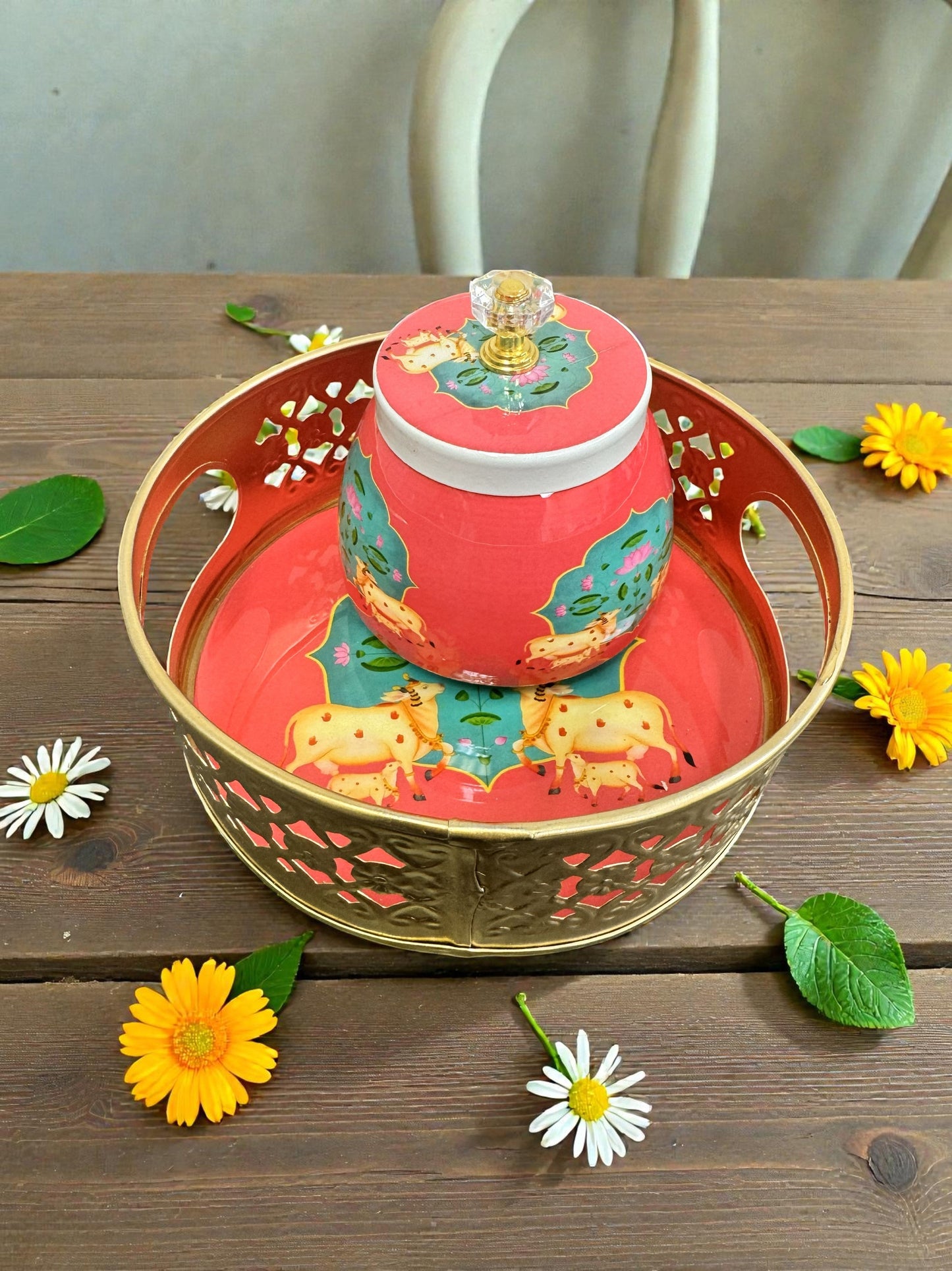 Designer Floral Print Tray Set with Matching Jar
