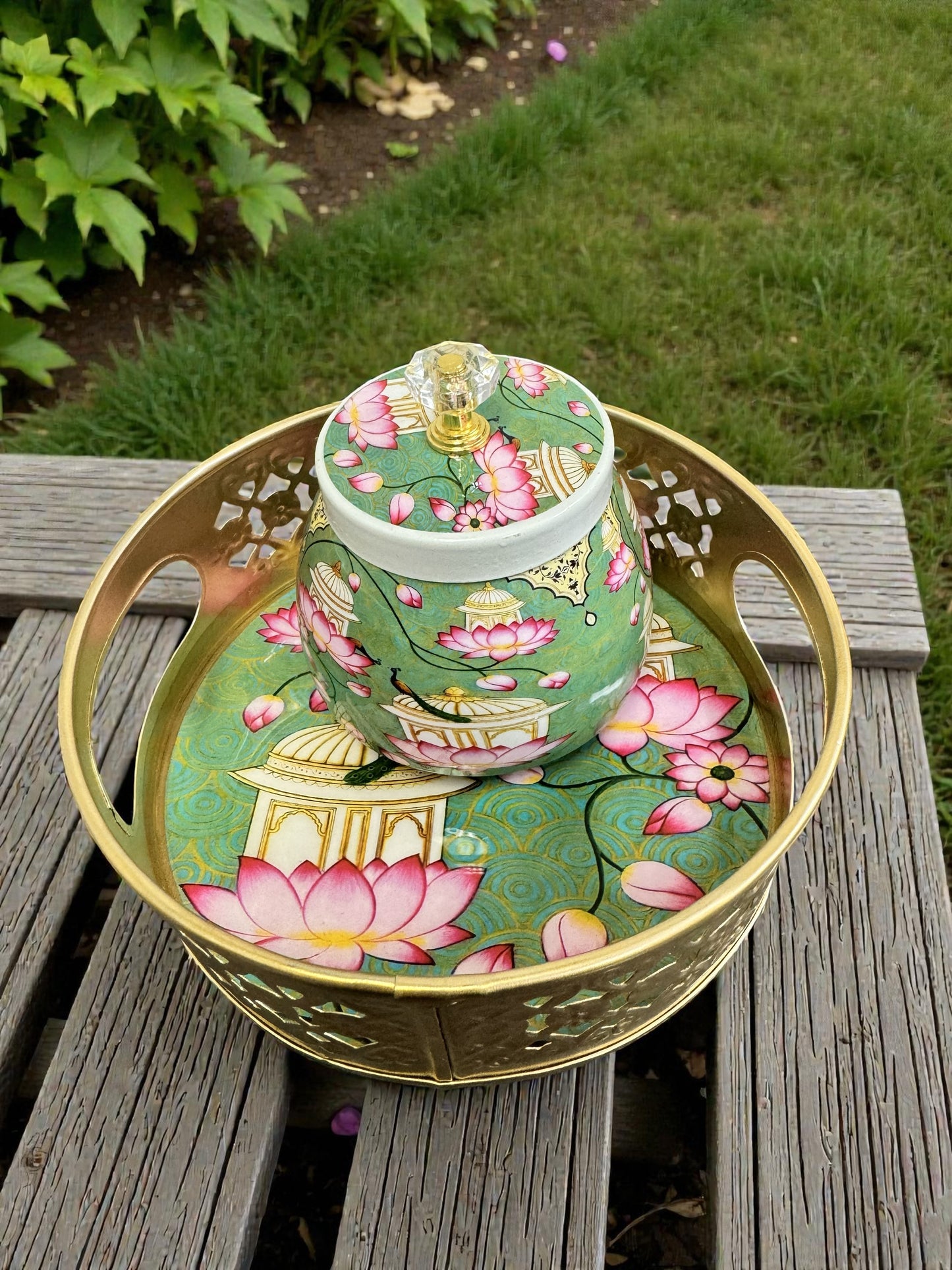 Designer Floral Print Tray Set with Matching Jar