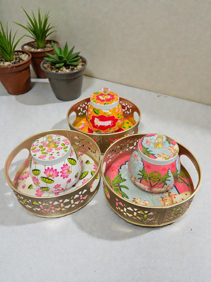 Designer Floral Print Tray Set with Matching Jar