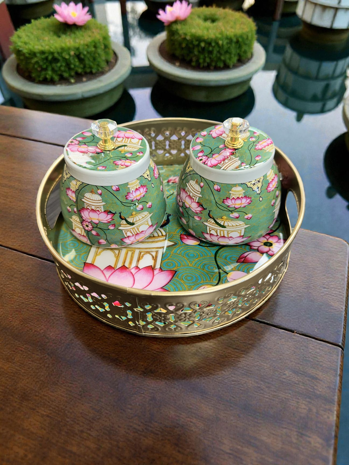 Designer Floral Print Tray Set with Matching Jar