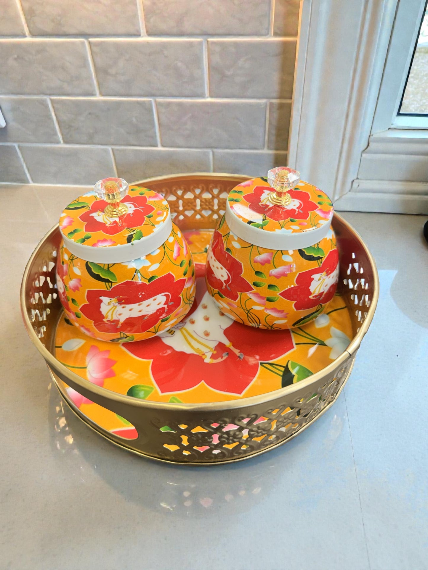 Designer Floral Print Tray Set with Matching Jar