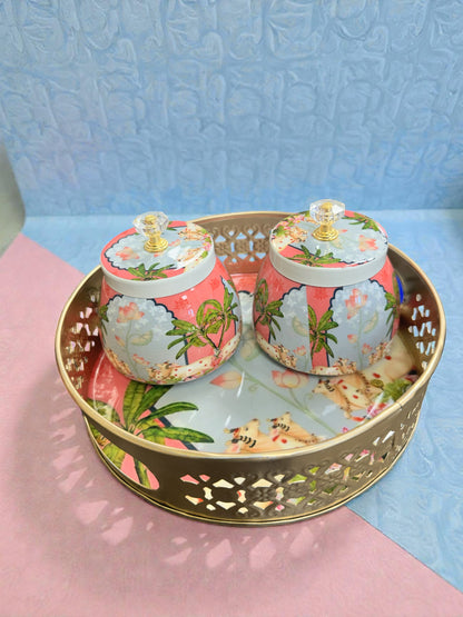 Designer Floral Print Tray Set with Matching Jar