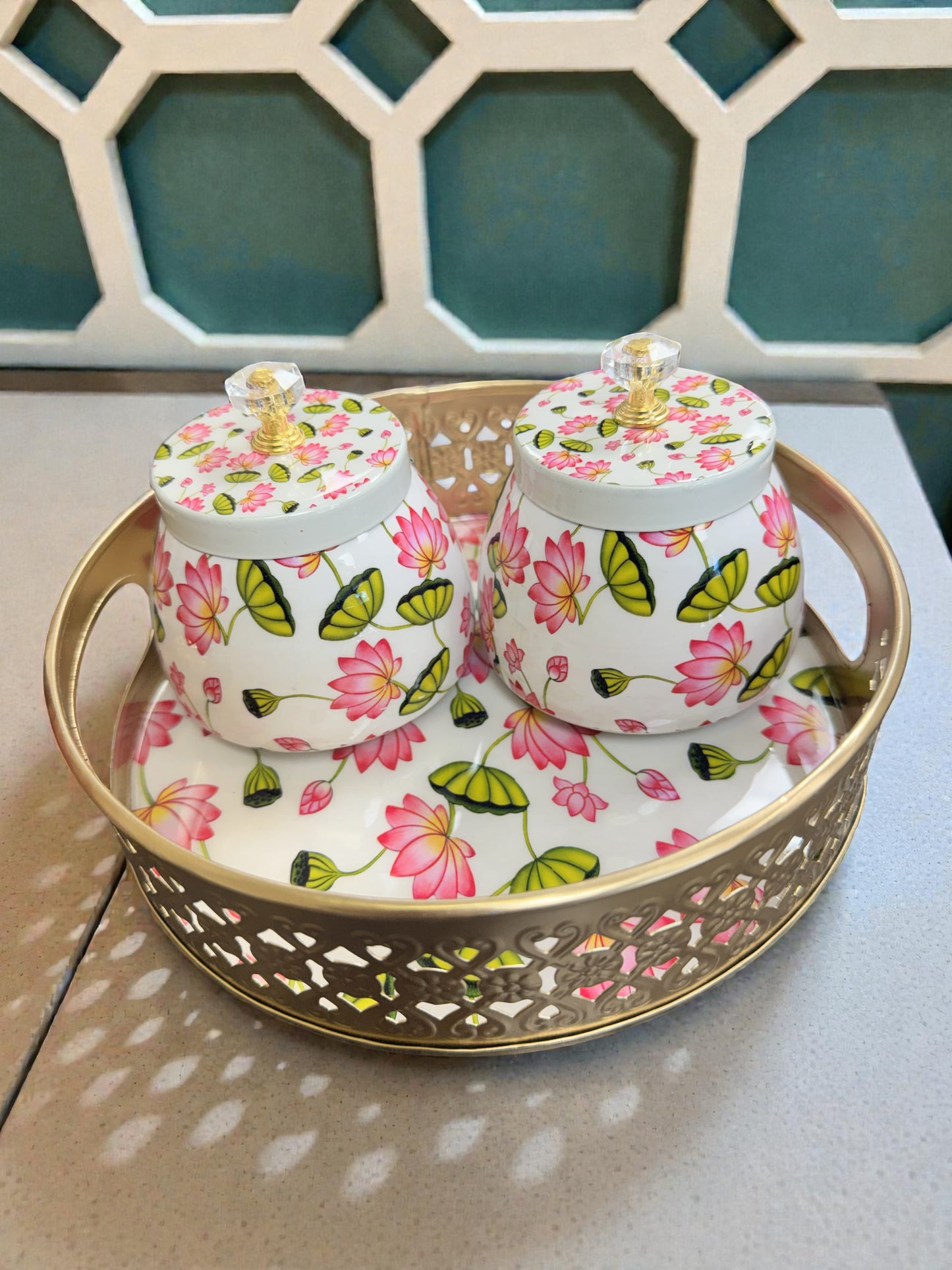 Designer Floral Print Tray Set with Matching Jar