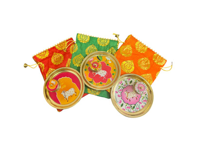Metal Golden Pichawai Design Plate & Dibbi with Enamel Finish (Assorted)