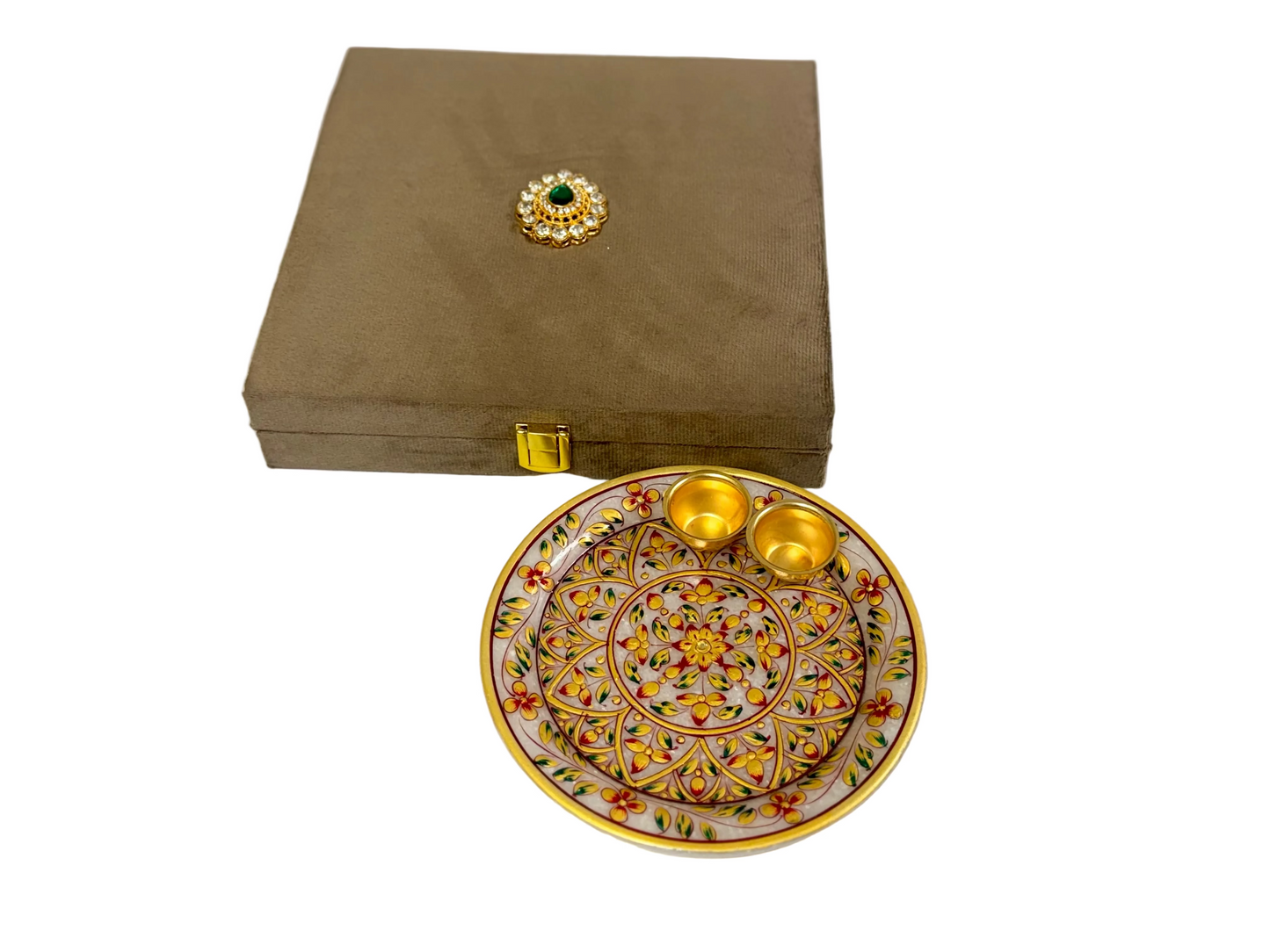 Hand-painted Marble Pooja Plate with Roli Chawal Bowls in Velvet Gift Box
