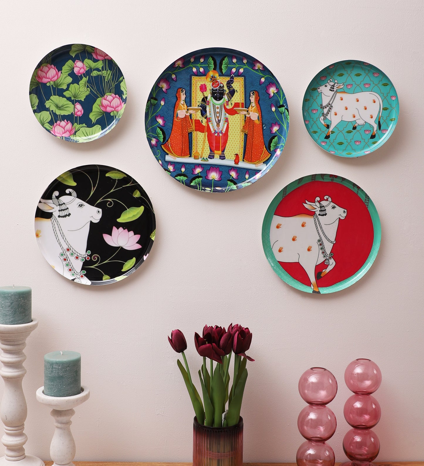 Set of 5 - Round Metal & Meena Wall Plates