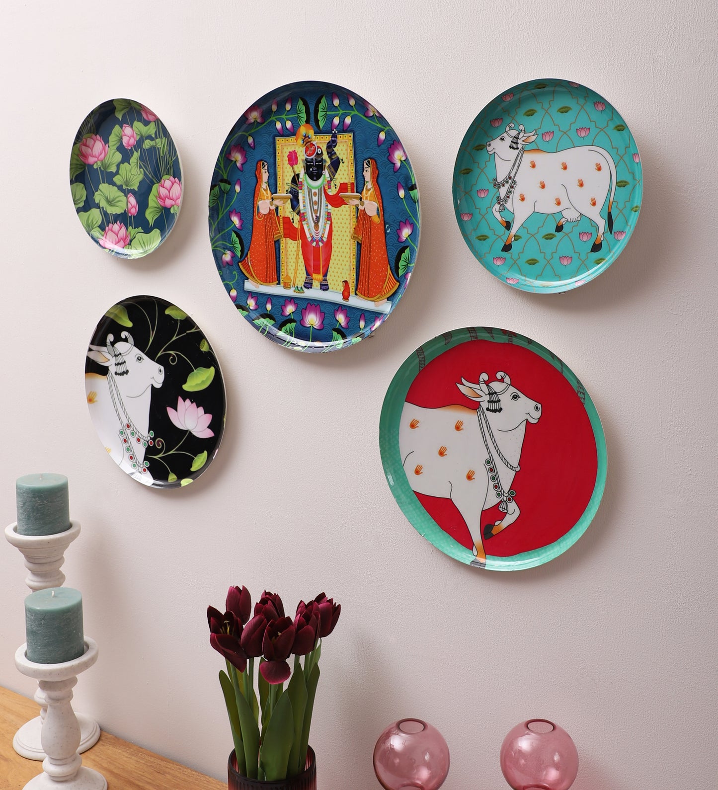 Set of 5 - Round Metal & Meena Wall Plates