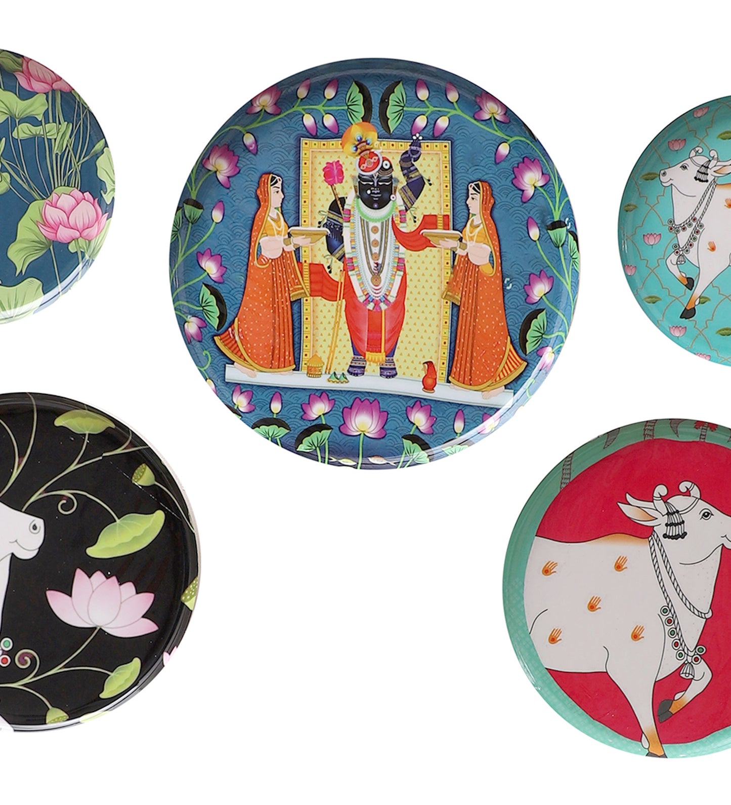 Set of 5 - Round Metal & Meena Wall Plates