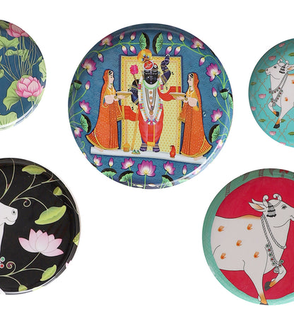 Set of 5 - Round Metal & Meena Wall Plates