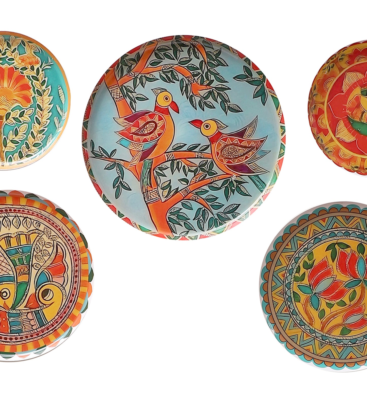 Set of 5 - Round Metal & Meena Wall Plates