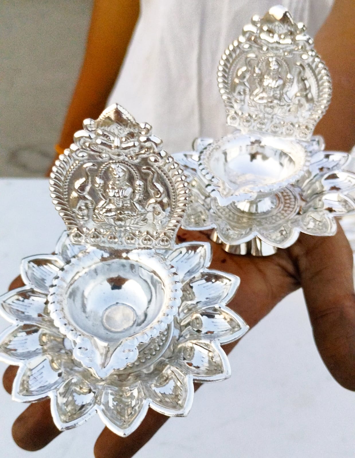 German Silver Laxmi on Lotus Diya with Stand