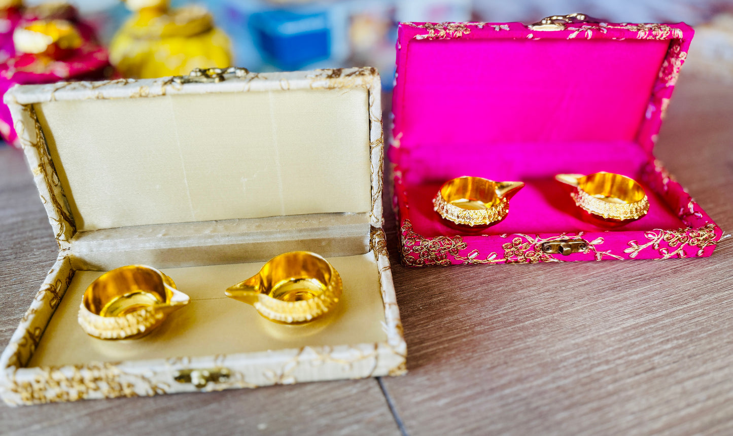 Ready-to gift Combo Set includes Two Metal Kuber Diyas with Rectangle Embroidered Gift Box set of 4 for Diwali or Indian Festivals or Occasions as Return Gift