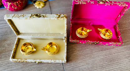 Ready-to gift Combo Set includes Two Metal Kuber Diyas with Rectangle Embroidered Gift Box set of 4 for Diwali or Indian Festivals or Occasions as Return Gift