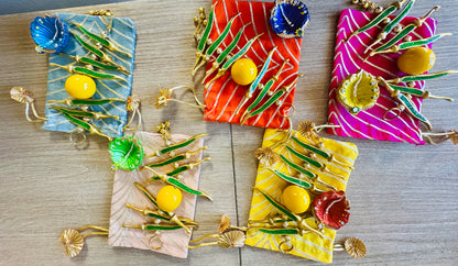 Ready-to-gift Combo Set includes One Metal Yellow & Green Nimbu Mirchi Charm & One Hand painted Clay Diya with Potli Gift Bag Set of 5 for Diwali or Indian Festivals or Occasions as Return Gift