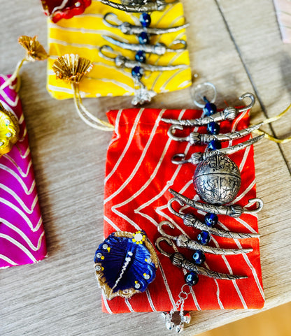 Ready-to-gift Combo Set includes Oxidized Nimbu Mirchi Charm & Hand painted Clay Diya with Potli Gift Bag Set of 5 for Diwali or Indian Festivals or Occasions as Return Gift