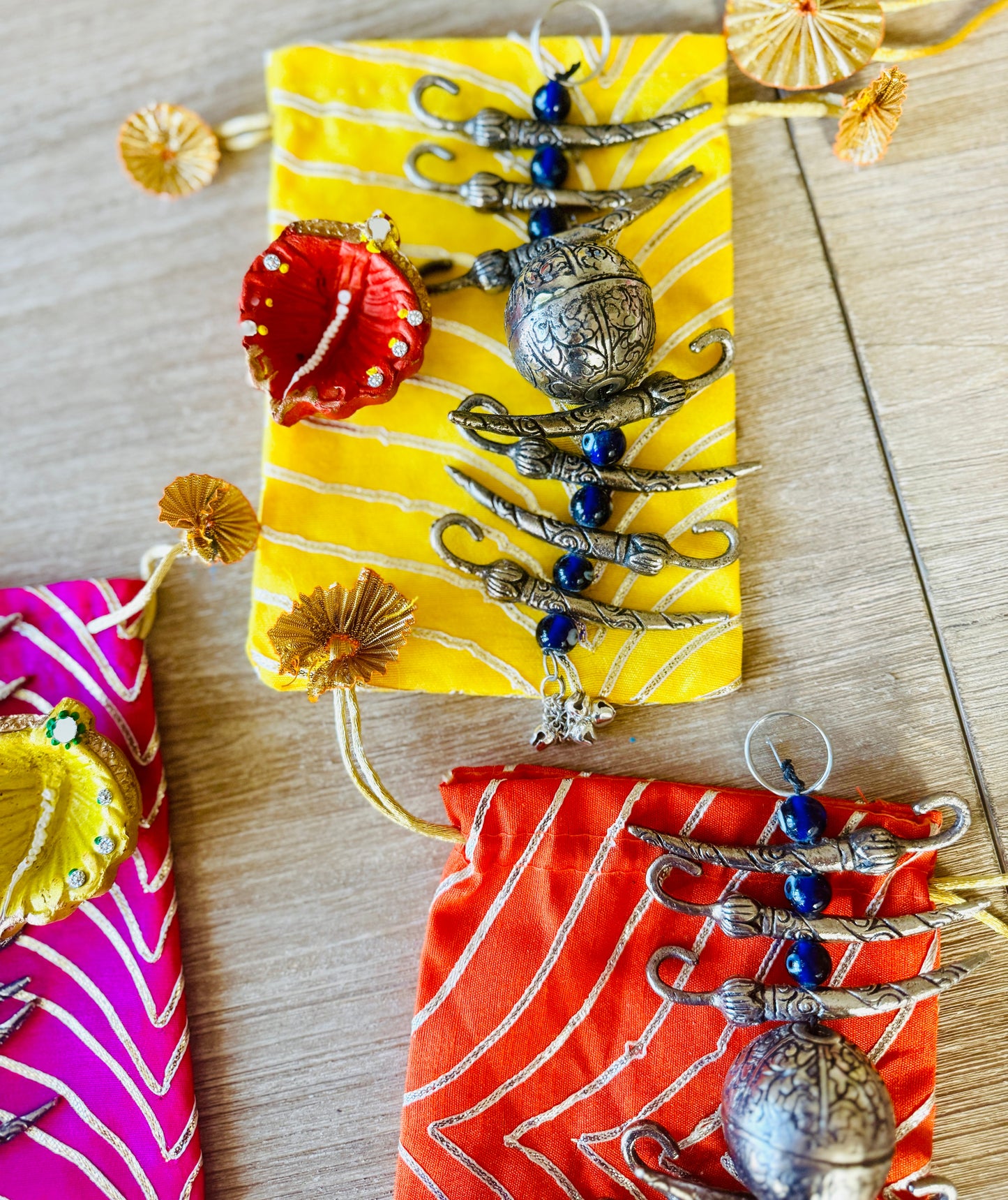 Ready-to-gift Combo Set includes Oxidized Nimbu Mirchi Charm & Hand painted Clay Diya with Potli Gift Bag Set of 5 for Diwali or Indian Festivals or Occasions as Return Gift