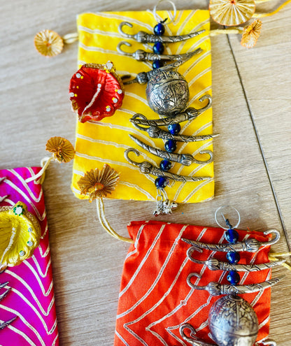 Ready-to-gift Combo Set includes Oxidized Nimbu Mirchi Charm & Hand painted Clay Diya with Potli Gift Bag Set of 5 for Diwali or Indian Festivals or Occasions as Return Gift