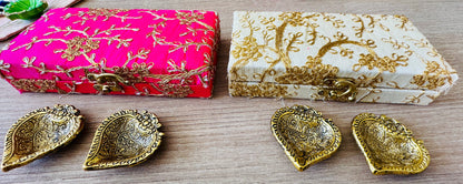 Ready-to-gift Combo Set includes Two Metal Diya's with Embroidered Gift Box set of 2  for Diwali or Indian Festivals or Occasions as Return Gift