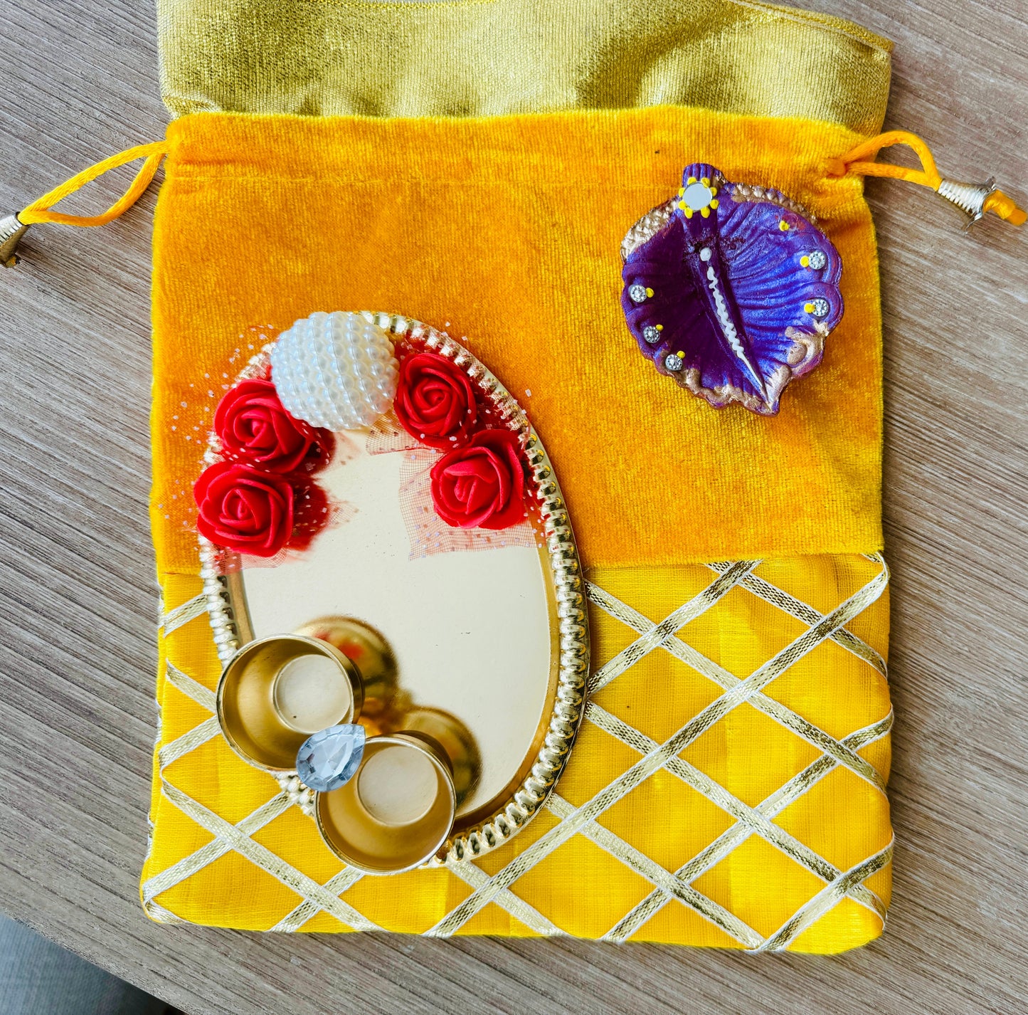 Ready-to-gift Combo Set includes One Beautiful Pearl Haldi Kumkum Plate & One Handpainted clay Diya with Potli Gift Bag Set of 4 for Diwali or Indian Festivals or Occasions as Return Gift