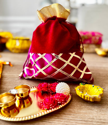 Ready-to-gift Combo Set includes One Beautiful Pearl Haldi Kumkum Plate & One Handpainted clay Diya with Potli Gift Bag Set of 4 for Diwali or Indian Festivals or Occasions as Return Gift