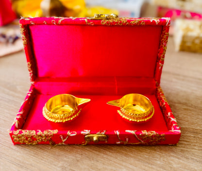 Ready-to gift Combo Set includes Two Metal Kuber Diyas with Rectangle Embroidered Gift Box set of 4 for Diwali or Indian Festivals or Occasions as Return Gift