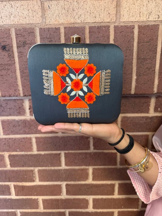 Exclusive Gray Box Clutch with Embroidery