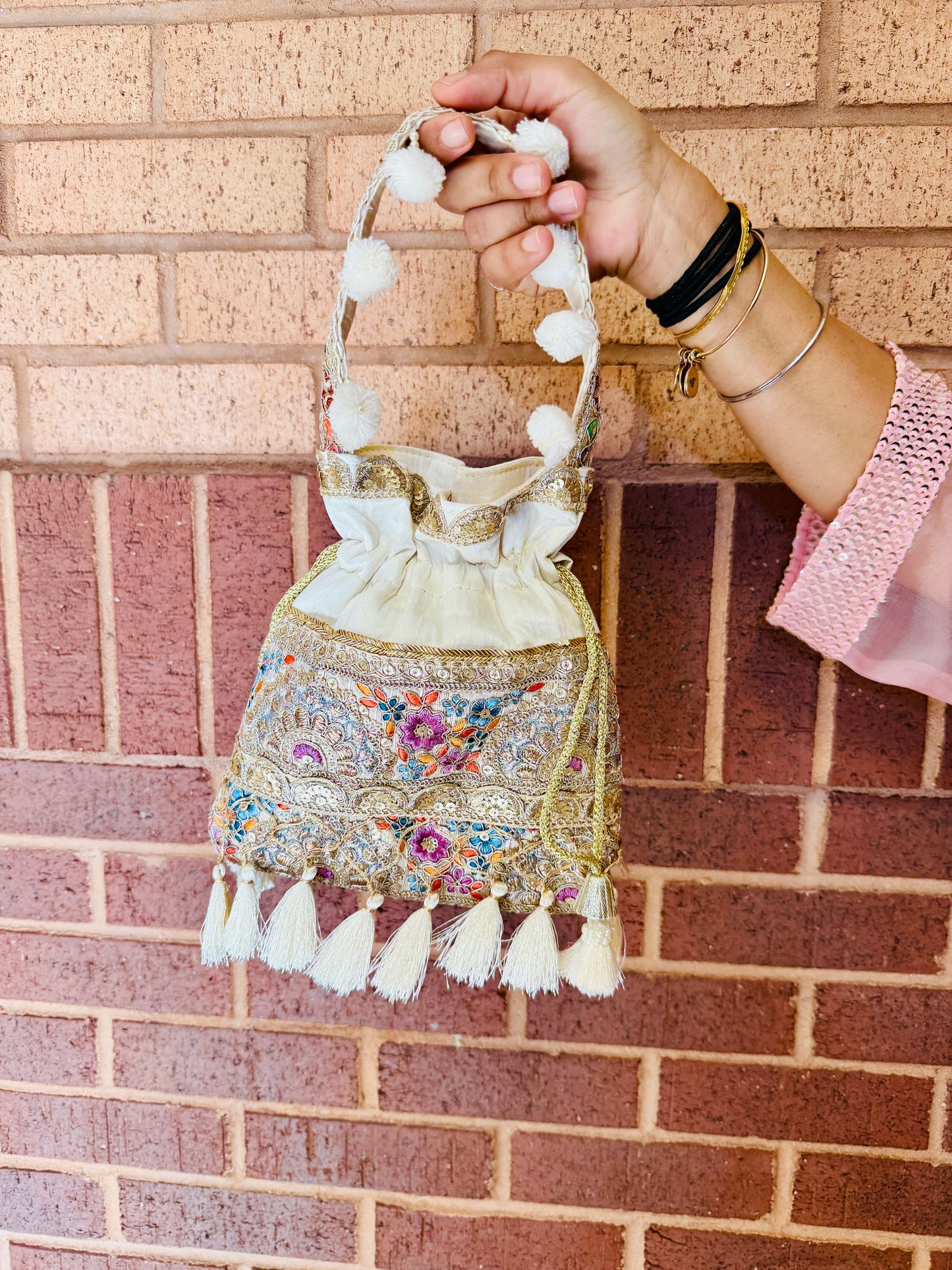 Silk Potli Bag with Hand Embroidery, Pom Pom & Tassels