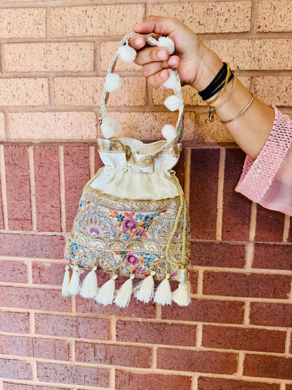 Silk Potli Bag with Hand Embroidery, Pom Pom & Tassels