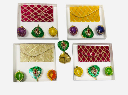 Ready-to gift Combo includes Beautiful Shagun Pouch or Lifafa, Two Handpainted Clay Diya's & Green Leaf Haldi-Kumkum Plate with Gift Box- Set of 4 for Diwali or Indian Festivals or Occasions as Return Gift