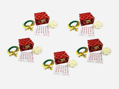 Ready to Give Combo for Karwa Chauth includes Penny Bangle, Gajra Bun & Bindi in Brocade Box - Set of 5