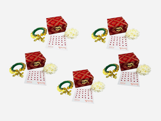 Ready to Give Combo for Karwa Chauth includes Penny Bangle, Gajra Bun & Bindi in Brocade Box - Set of 5