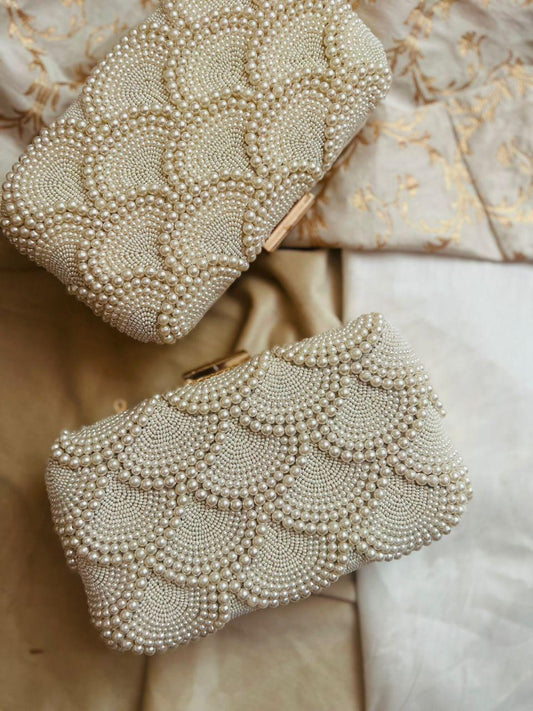 Pearl Beaded Clutch - Scalloped Crossbody Purse Bag