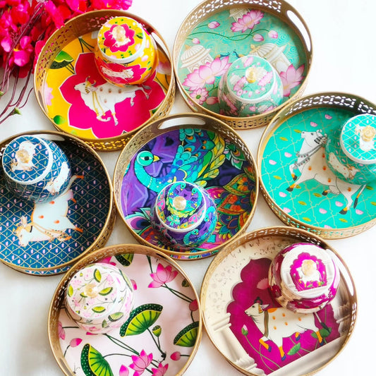 Designer Floral Print Tray Set with Matching Jar