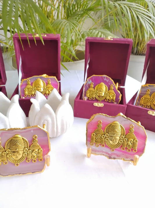 Tirupati Balaji on Natural Agate Stone with Stand & Suede Gift Box - Premium Gift for Any Occasion