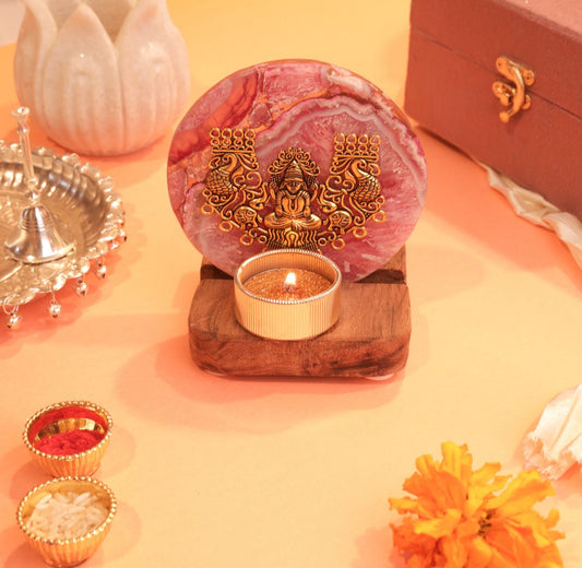 Laxmi on Agate T-light Holder in Velvet Gift Box - Premium Gift for Housewarming/ Hostess Gift