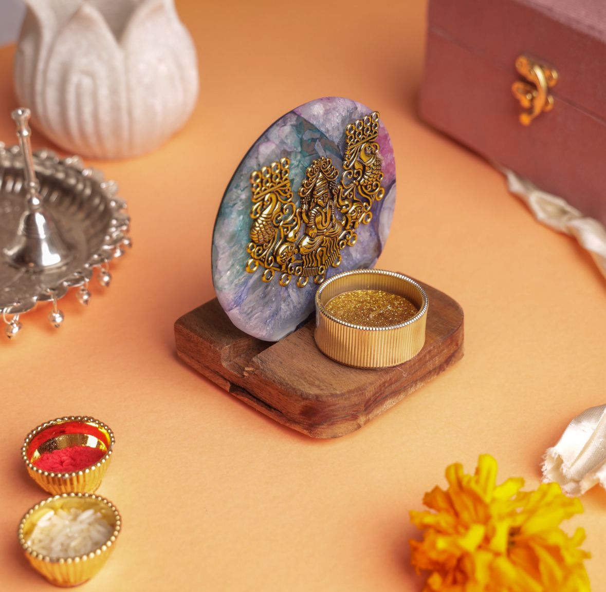 Laxmi on Agate T-light Holder in Velvet Gift Box - Premium Gift for Housewarming/ Hostess Gift