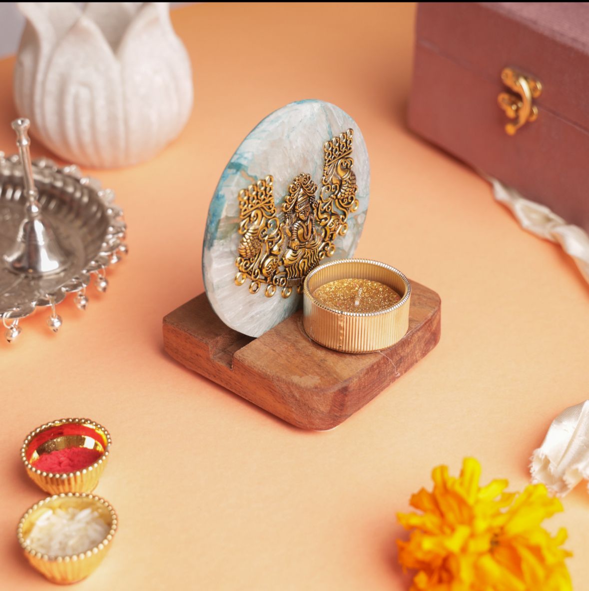 Laxmi on Agate T-light Holder in Velvet Gift Box - Premium Gift for Housewarming/ Hostess Gift