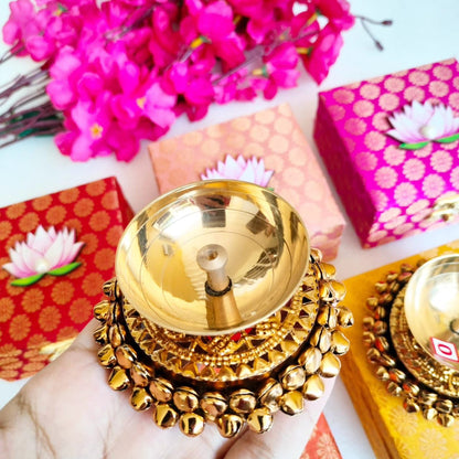 Brass Akhand Diya's with Ghungroo Base in MDF Gift Box & Ganesha Cutout