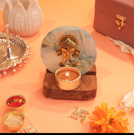 Ganesha on Agate T-light Holder in Suede Gift Box - Premium Gift for Housewarming/ Hostess Gift