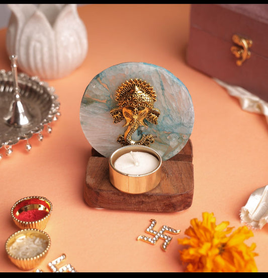 Ganesha on Agate T-light Holder in Suede Gift Box - Premium Gift for Housewarming/ Hostess Gift