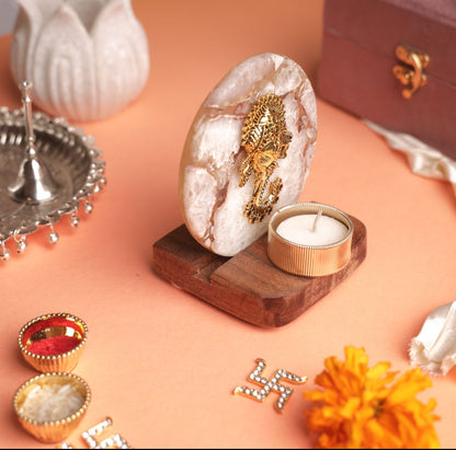 Ganesha on Agate T-light Holder in Suede Gift Box - Premium Gift for Housewarming/ Hostess Gift
